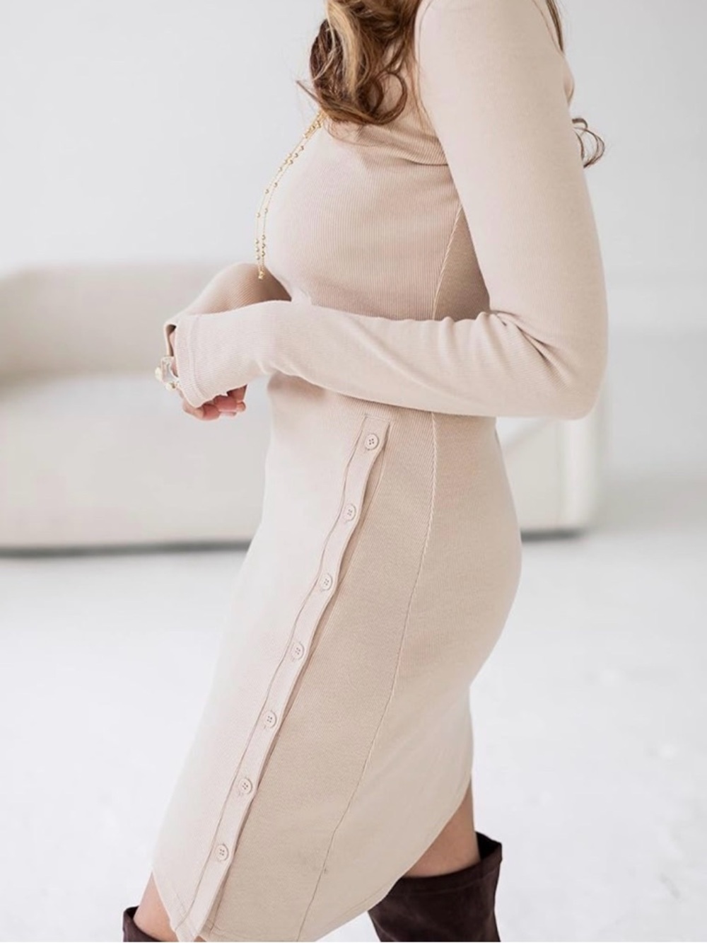 Asymmetrical Beige Long-Sleeve Knit Dress with Side Button Detail - Picture 15 of 16